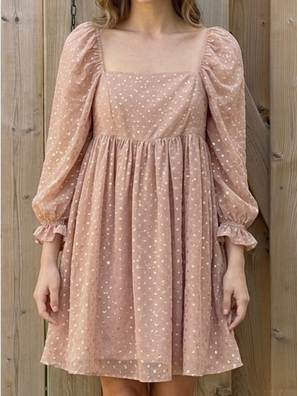 STORIA Gold Metallic Fleck Swiss Dot Babydoll Mini Dress - Size Small